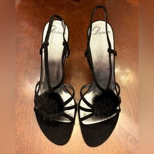 Delman Black Suede Heels Size 7 M Slingback Pom Detail